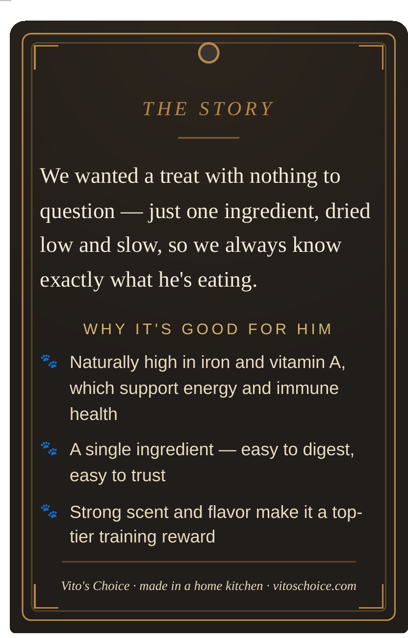Vito's Choice Beef Liver Dog Treats back label with story and benefits