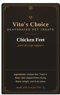Vito's Choice Dehydrated Chicken Feet Dog Treats label, 8oz