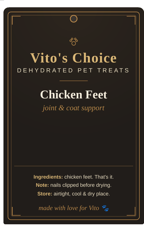 Vito's Choice Dehydrated Chicken Feet Dog Treats label, 8oz