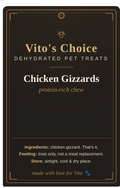 Vito's Choice Dehydrated Chicken Gizzards Dog Treats label, 8oz