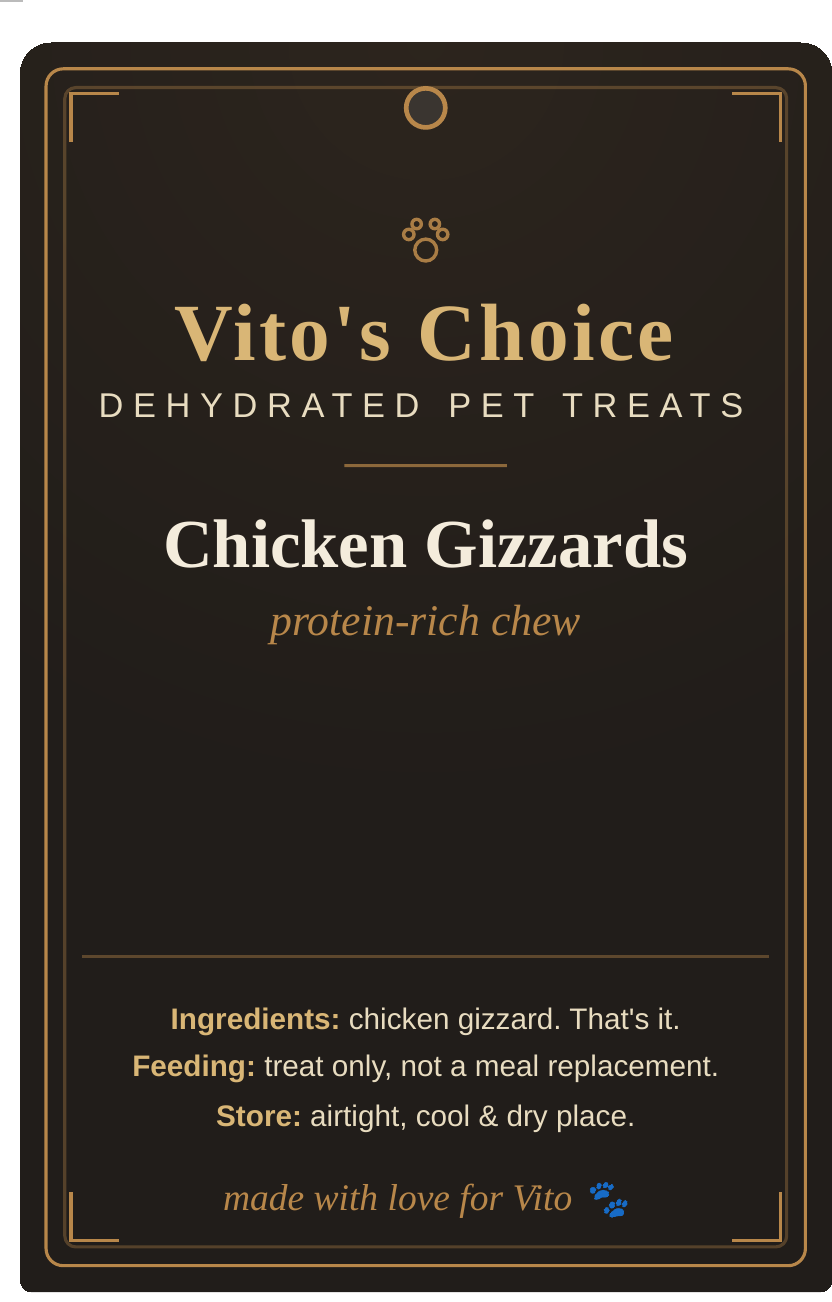 Vito's Choice Dehydrated Chicken Gizzards Dog Treats label, 8oz