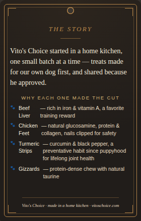 Vito's Choice Variety Pack back label with story and benefits