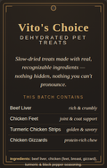 Vito's Choice Variety Pack Dehydrated Dog Treats front label, 8oz