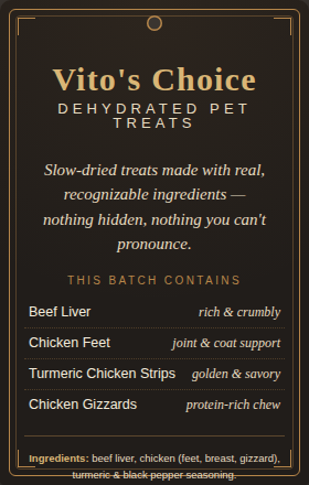Vito's Choice Variety Pack Dehydrated Dog Treats front label, 8oz
