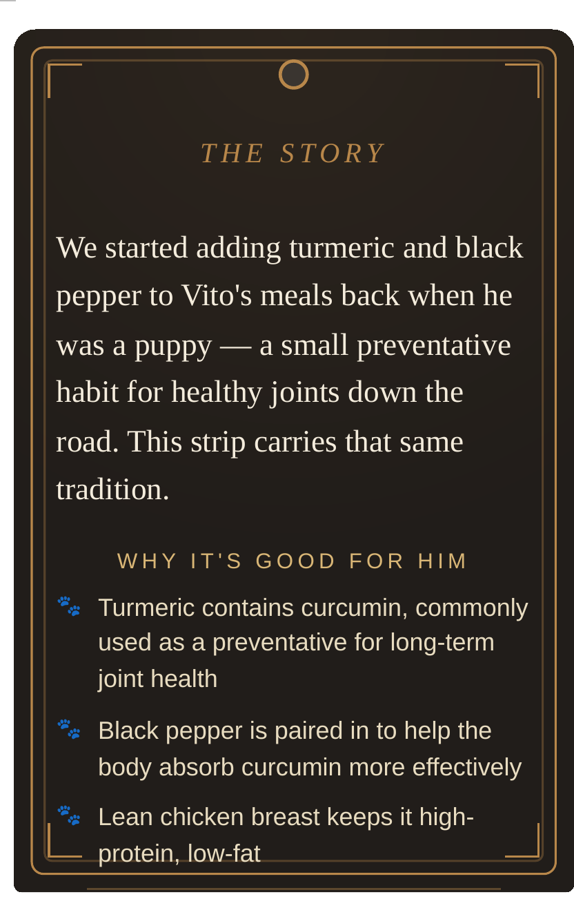 Vito's Choice Turmeric Chicken Strips back label with story and benefits