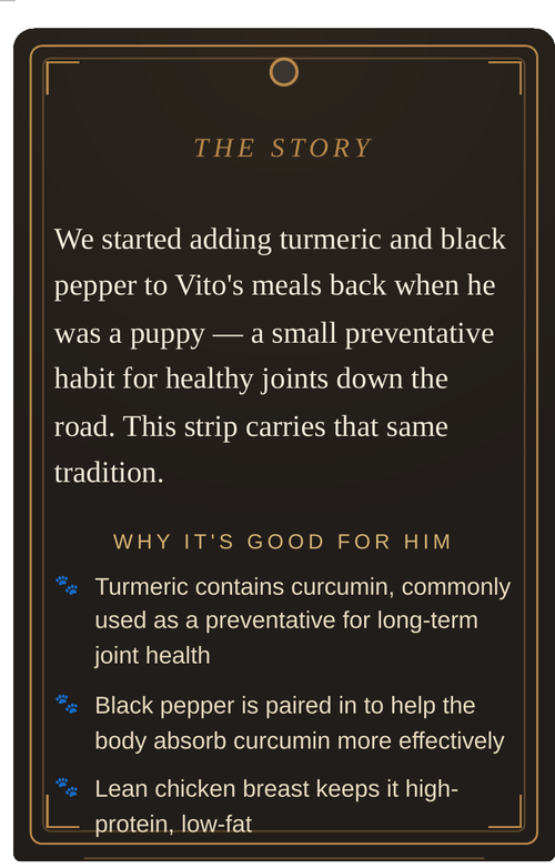 Vito's Choice Turmeric Chicken Strips back label with story and benefits